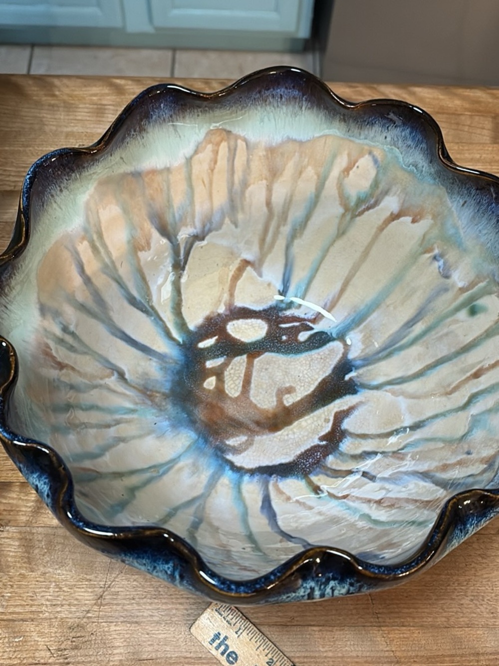Handmade Glazed Ceramic Decorative Bowl - Blue, Cream, Brown